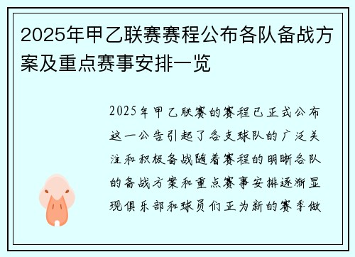 2025年甲乙联赛赛程公布各队备战方案及重点赛事安排一览