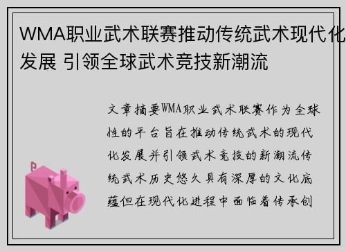 WMA职业武术联赛推动传统武术现代化发展 引领全球武术竞技新潮流