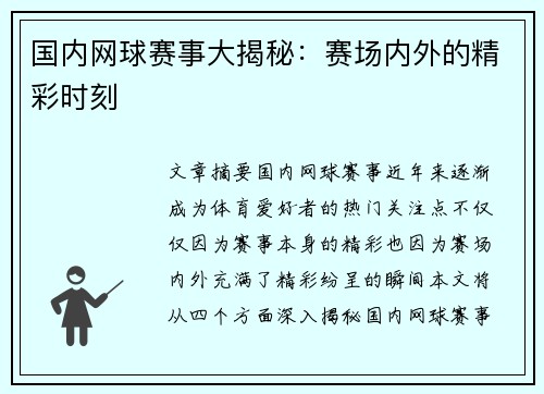 国内网球赛事大揭秘：赛场内外的精彩时刻