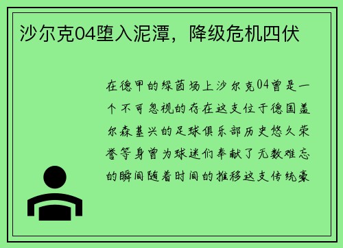 沙尔克04堕入泥潭，降级危机四伏