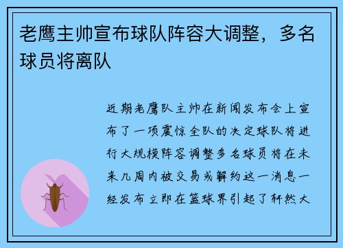 老鹰主帅宣布球队阵容大调整，多名球员将离队